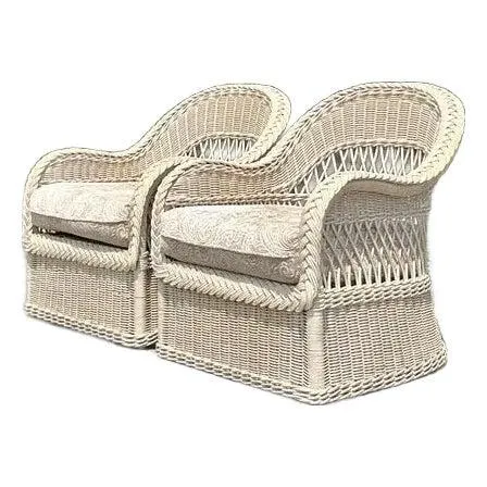 Vintage Coastal Henry Link Braided Rattan Lounge Chairs - A Pair