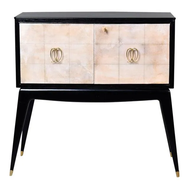 Vintage Italian Ebonised Cabinet With Parchment Doors & Brass Hardware