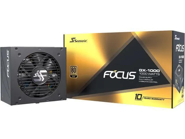 Seasonic FOCUS GX-1000, 1000W 80+ Gold, Full-Modular, ATX Form Factor, Low Noise, Premium Japanese Capacitor, 10 Year Warranty, Nvidia RTX 30/40 Super, AMD GPU Compatible, Ref# SSR-1000FX