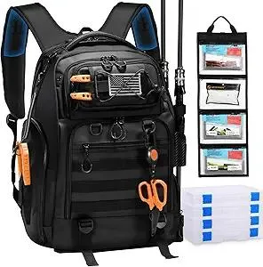 50L Fishing Tackle Backpack with Removable Lure Wraps,Include (4) 3600 Tackle Boxes, 2 Rod Holders Storage Fishing Gear and Equipment
