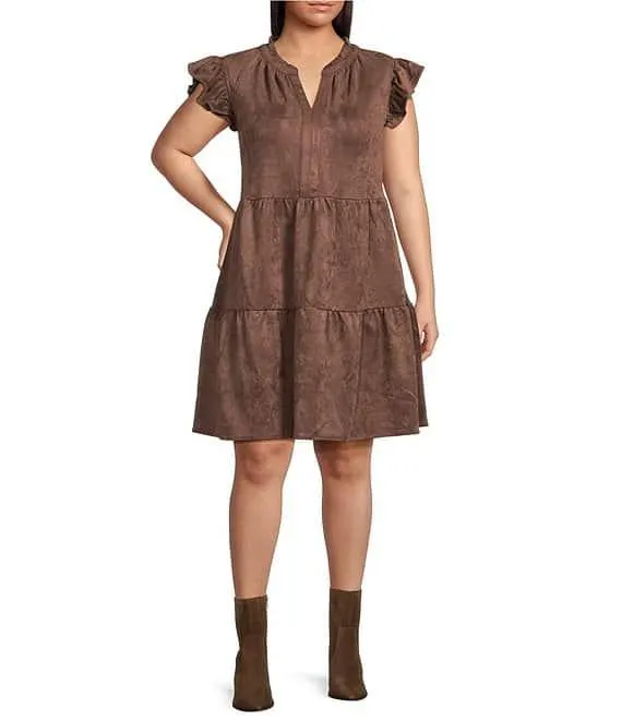 Plus Size Cap Sleeve Faux-Suede Tiered Mini Dress