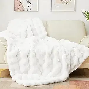 Latepis White Throw Blanket for Couch, Soft Faux Fur Bubble Blankets for Sofa Bedroom Living Room, Cozy Warm Fluffy Blanket for Winter, Great Birthday Gift Selection, 50x60 Inch, 860GSM