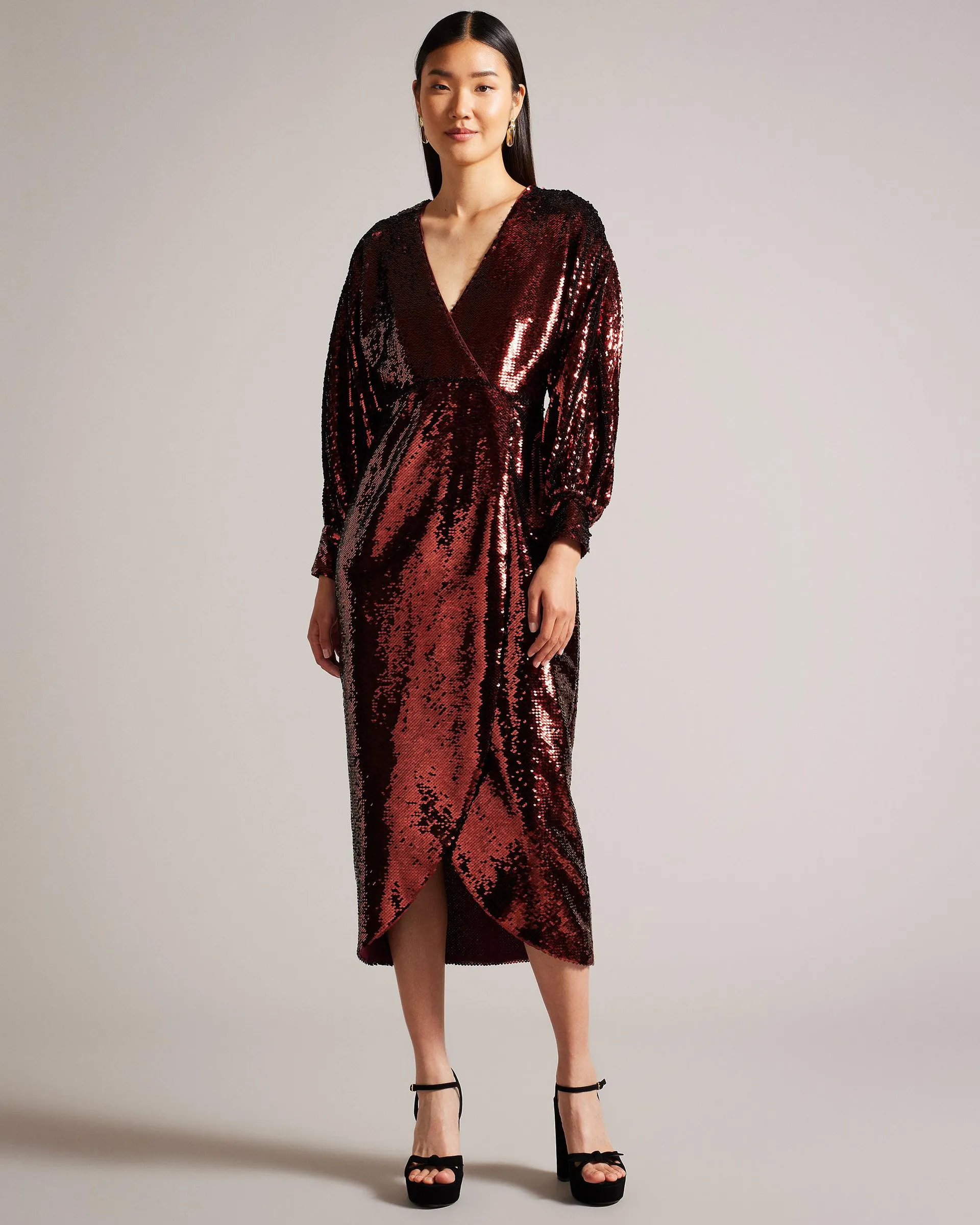 Emaleee Midi Sequin Wrap Dress Wine
