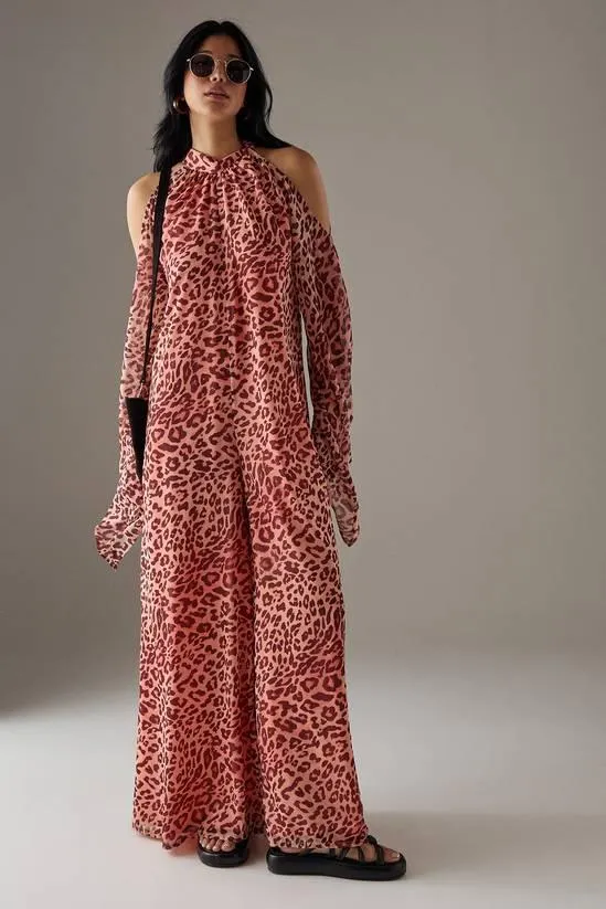 Bohemian Halter Cold Shoulder Flared Sleeve Jumpsuit