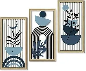 Putuo Decor Boho Abstract Wall Art, Set of 3, Modern Botanical Wooden Wall Decor, Blue Mid-Century Minimalist Framed Artwork for Living Room Bedroom, Office