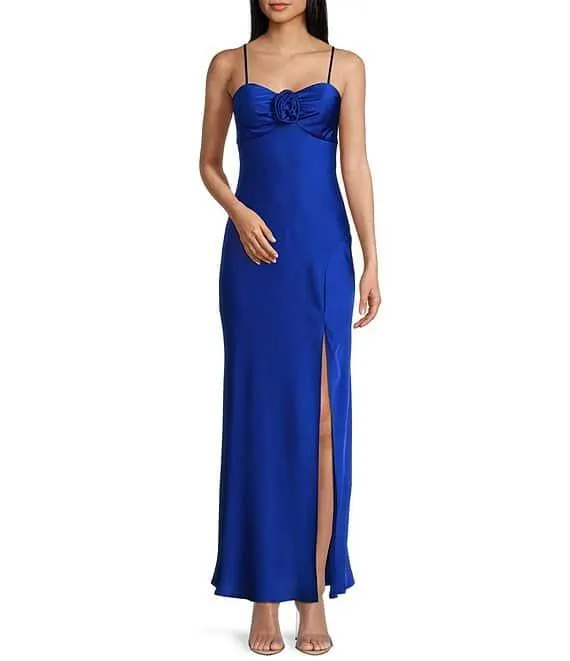 Satin Sweetheart Neck Front Rosette Side Slit Midi Dress