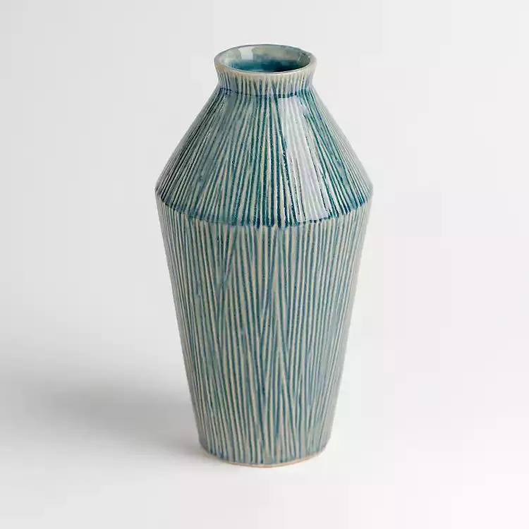 Blue Ribbed Ceramic Vase