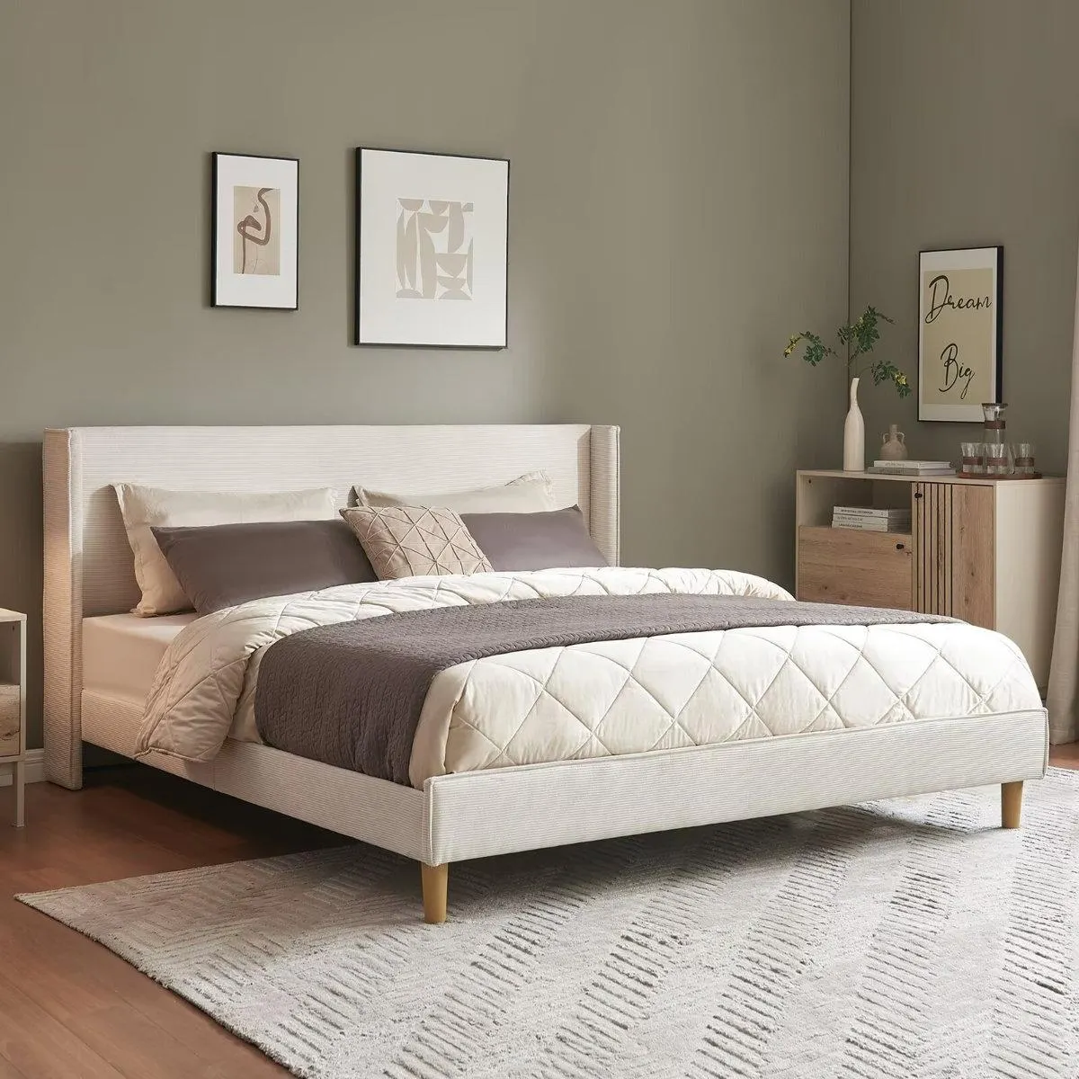 Luxury Modern Wingback Corduroy Upholstered Bed