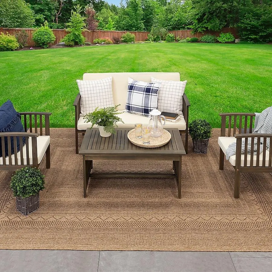 allen + roth with STAINMASTER Jute-Style Woven 7 x 10 (ft) Loomed Polypropylene Brown Rectangular Outdoor Area rug