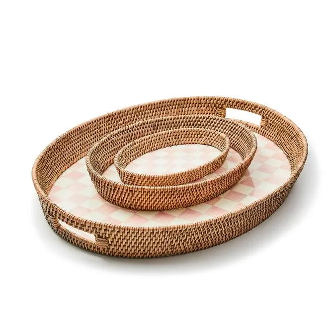 Rosy Check Large Enamel & Rattan Serving Tray