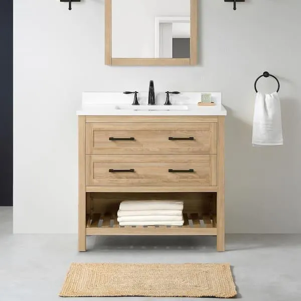 Autumn 36 in. W x 19 in. D x 34 in. H Single Sink Bath Vanity in Weathered Tan with White Engineered Stone Top
