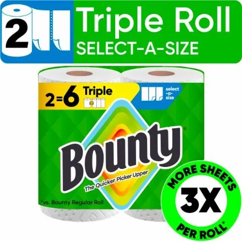 Bounty Paper Towels Select-A-Size White, 2 Triple Rolls, 123 Sheets Per Roll