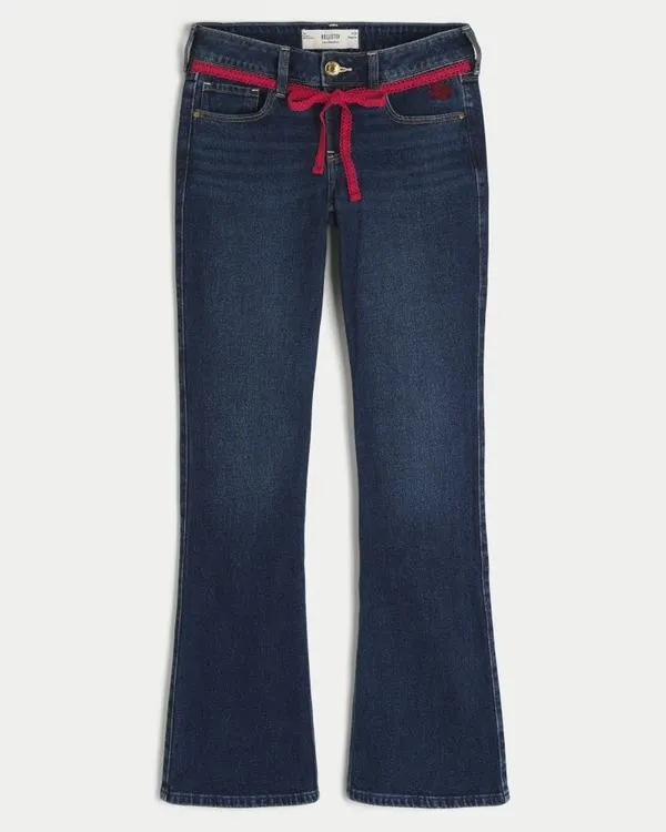 Low-Rise Dark Wash Red Tie Waist Bootcut Jeans
