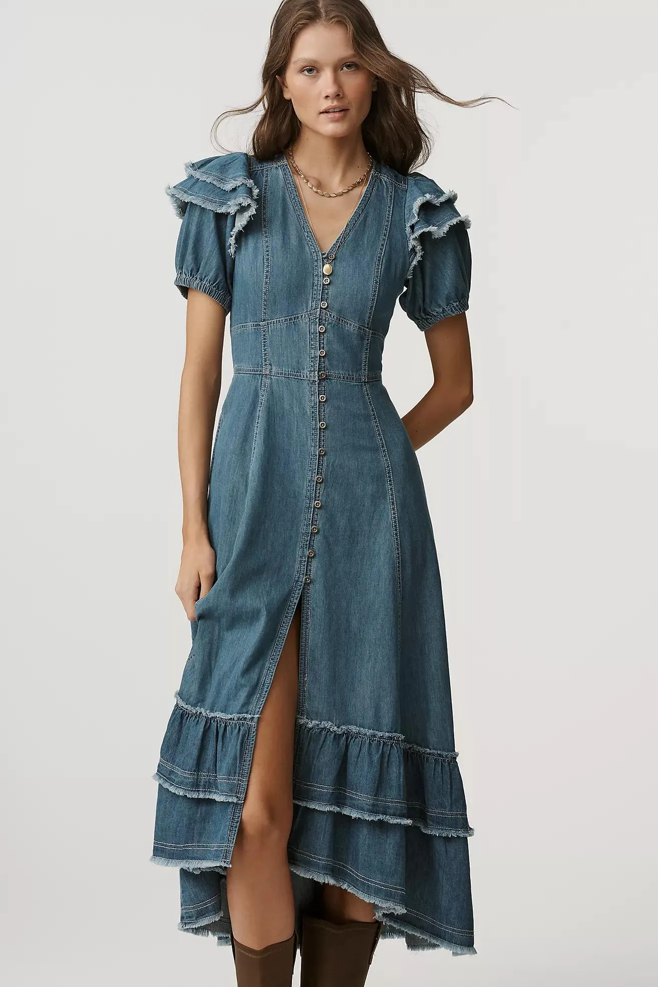 Pilcro Short-Sleeve Ruffled Midi Shirt Dress