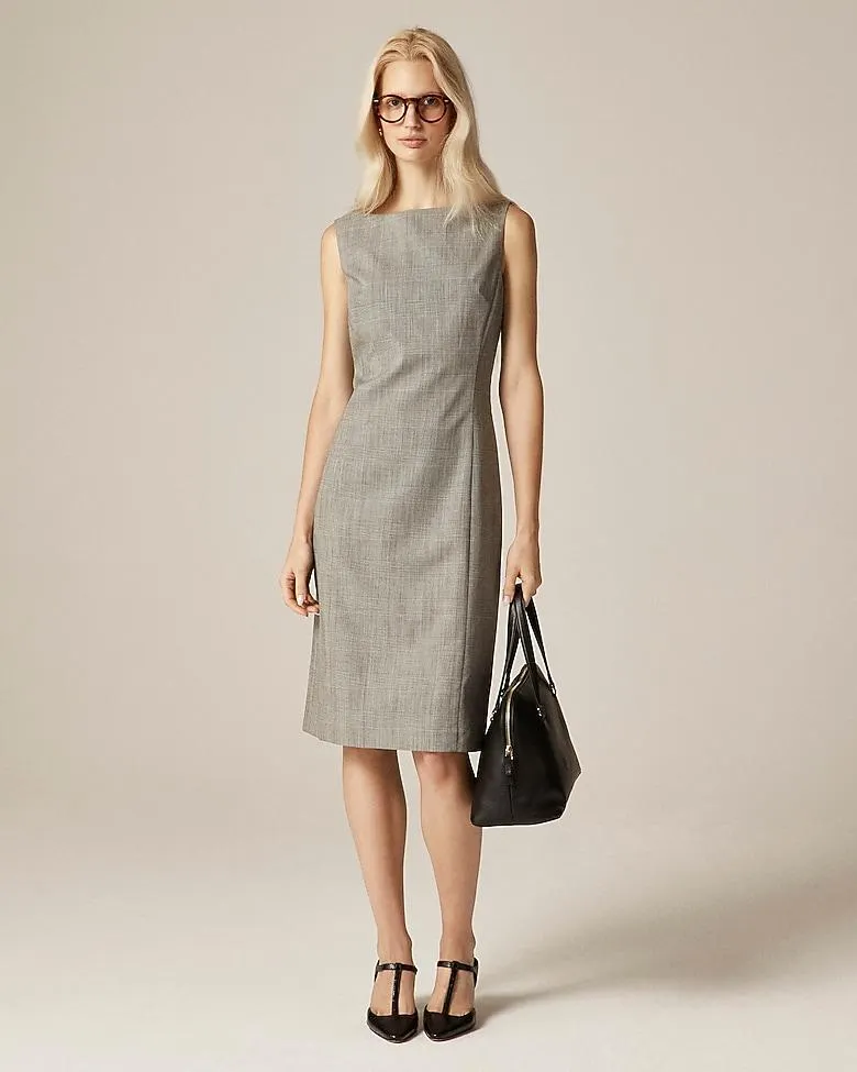 Seamed shift dress in glen plaid Italian gauzy wool blend