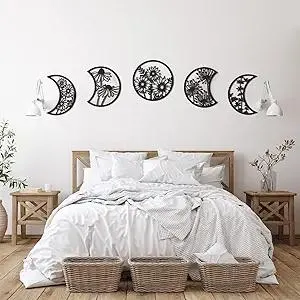 Jetec 5 Pcs Moon Phase Wall Hanging Decor Art Above Bed Boho Moon Phase Nordic Wood Wall Pediment Ornament for Living Room Bedroom Home Decoration Room Apartment Bar(Black)