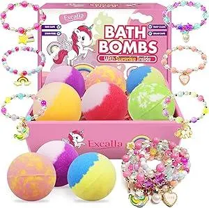 Unicorn Bath Bombs with Surprise Inside for Kids Girls, 6 Kids Bath Bombs with Jewelry Inside, Natural Bubble Bath Set for Skin Moisturizing, Birthday Christmas Easter Gifts for 4 5 6 7 8 Year Old