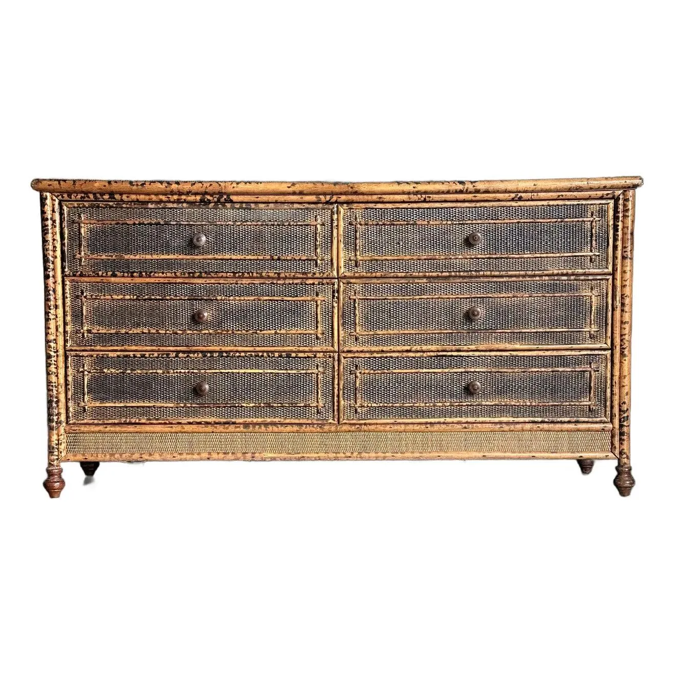 1980s Vintage British Colonial Style Burnt Bamboo and Cane Dresser