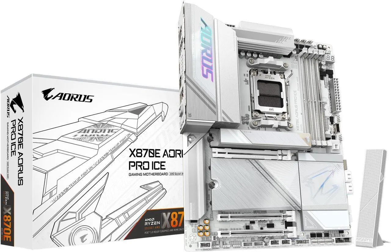 GIGABYTE X870E AORUS PRO ICE AM5 LGA 1718, ATX, DDR5, 4x M.2, PCIe 5.0, USB4, Wi-Fi 7, 2.5GbE LAN, EZ-Latch, 5-Year Warranty