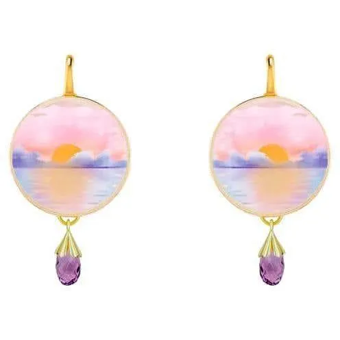 Painted Ocean Sunset Mother of Pearl Drop Earrings with amethyst briolettes