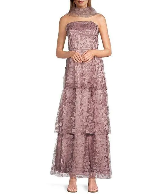 Livia Jolie by Le Bos Strapless Sleeveless 3D Floral 2 Piece Scarf and Tiered A-Line Dress