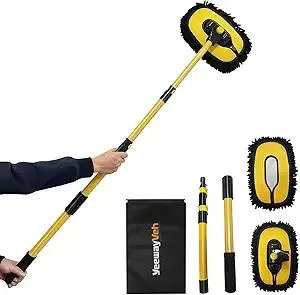 Car Wash Brush Mop with Long Handle, 55" Car Wash Brush with 2 Replaceable Microfiber Mop Heads, 15° Curved Extension Pole Auto Cleaning Wash Kit for Truck SUV RV Camper, Yellow