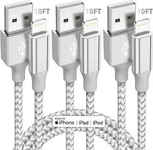 iPhone Charger [Apple MFi Certified] 3pack 10FT Long Lightning Cable Fast Charging High Speed Data Sync USB Cable Compatible iPhone 13/12/11 Pro Max/XS MAX/XR/XS/X/8/7/Plus/6S (Grey White)