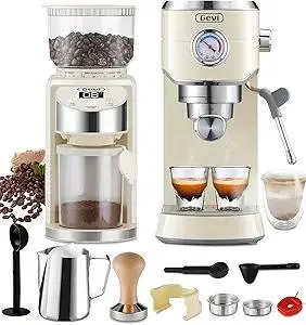Gevi 20 Bar Espresso Coffee Machine with Burr Grinder Set | 35 Precise Grind Settings | Milk Frother for Latte Cappuccino | Professional Home Barista Kit | Gift for Coffee Lovers