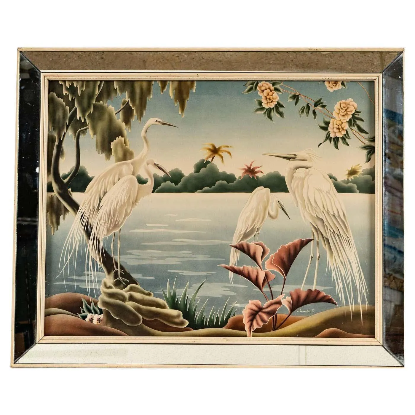 1940 Tropical Crane /Egret Scenic Print, Mirror Framed by Billy Seay for Turner