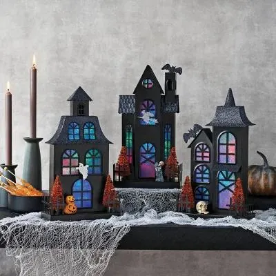 Member's Mark Pre-Lit Metal Halloween Houses, Set of 3