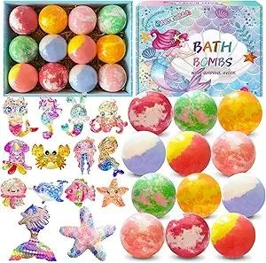 Bath Bombs for Kids with Surprise Inside, 12pcs Kids Bath Bombs with Mermaid Toys Gift Set for Girls, Shea & Coco Butter Dry Skin Moisturize, Handmade Fizzies Bubble Spa Bath Ball for Birthday Easter