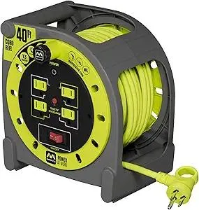 40ft Case Cord Reel, Retractable Extension Lead with Winding Handle, Safety Overload Circuit Breaker and Power Switch, 4X Grounded Outlets, 13amps, 14AWG Cable