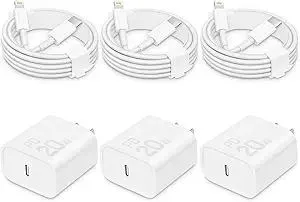i Phone Charger Fast Charging-20W USB-C Block with 6 Ft Cord [MFi Certified] Compatible with i Phone 14/13/12/11/X Series, i Pad & More [3 Pack]