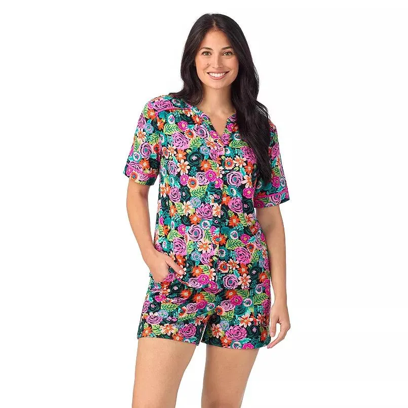 Women's Cuddl Duds® Short Sleeve Split Neck Pajama Top and Pajama Shorts Set