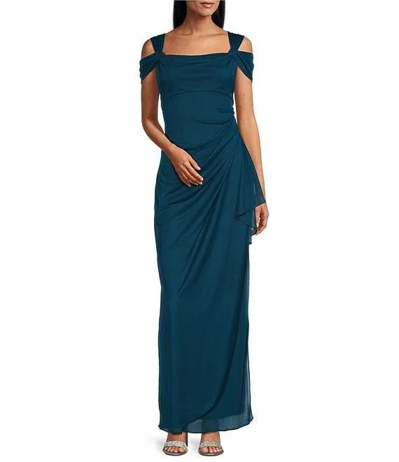 Exposed Shoulder Draped Neck Cap Sleeve Ruched Waterfall Hem Mesh Gown