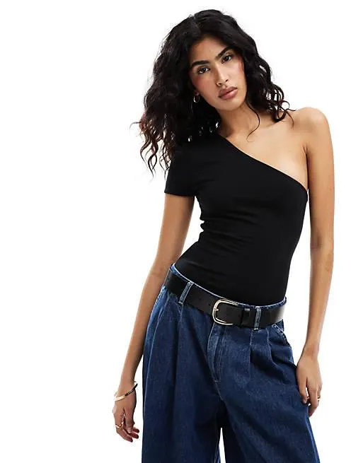 ASOS DESIGN one shoulder cap sleeve bodysuit in black
