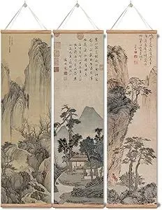 xinyuru Chinese Ancient Landscape Wall Art Poster,Tradition Canvas Printing,Oak Wood Scroll Painting Decor for Bedroom Living room (Landscape 01, 12”x41”x3 Piece)