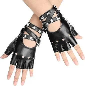 Accmor Leather Punk Gloves Fingerless Gloves for Women Driving Cycling Sports Cosplay Performance Half Finger Gloves for Women Teens Kids