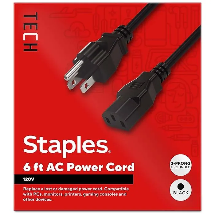 Staples TECH 6 ft. AC Power Cord,