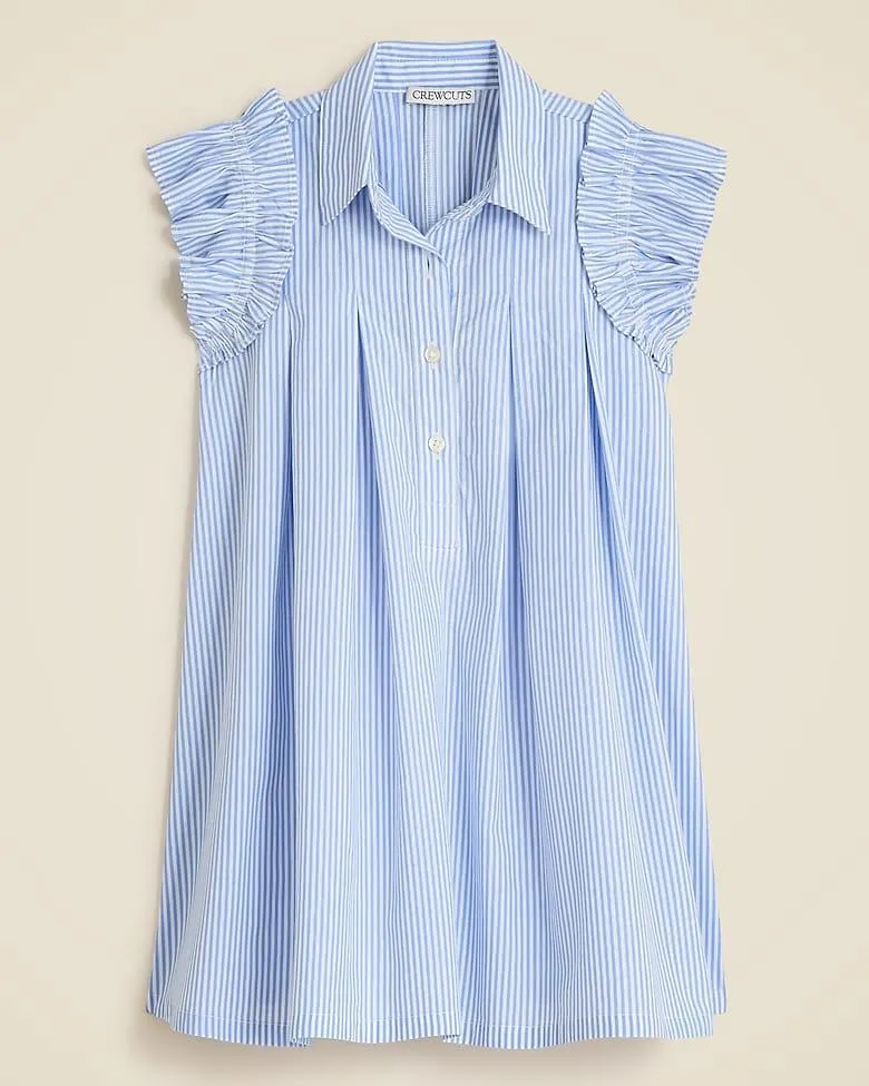 Girls' ruffle-sleeve shirt-dress in striped cotton poplin
