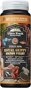 Ultra Fresh Royal Guppy Mignon Pellet, All Natural Guppy Food, Sword Prawns, Spirulina, Seaweeds, Highly Nutritious, for Cleaner Water and More Vibrant Color 4.6 oz