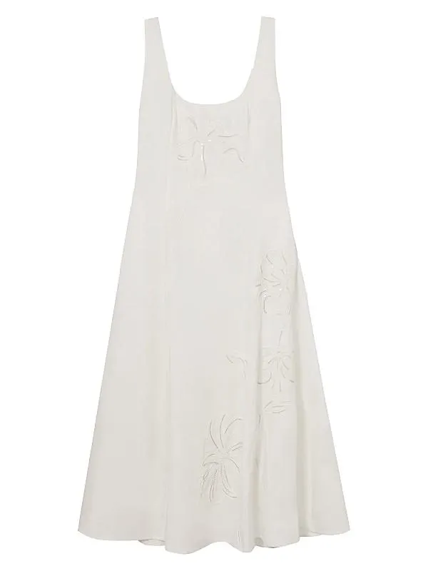 Elise Embellished Floral-Embroidered Linen A-Line Midi-Dress