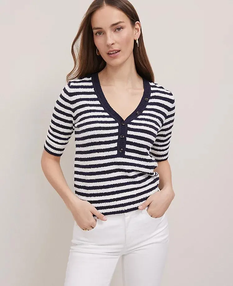 Weekend Collection Striped Bouclé Henley Sweater