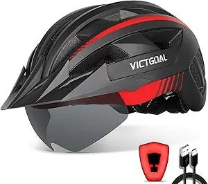 VICTGOAL Bike Helmet with USB Rechargeable Rear Light Detachable Magnetic Goggles Removable Sun Visor Mountain & Road Bicycle Helmets for Men Women Adult Cycling Helmets