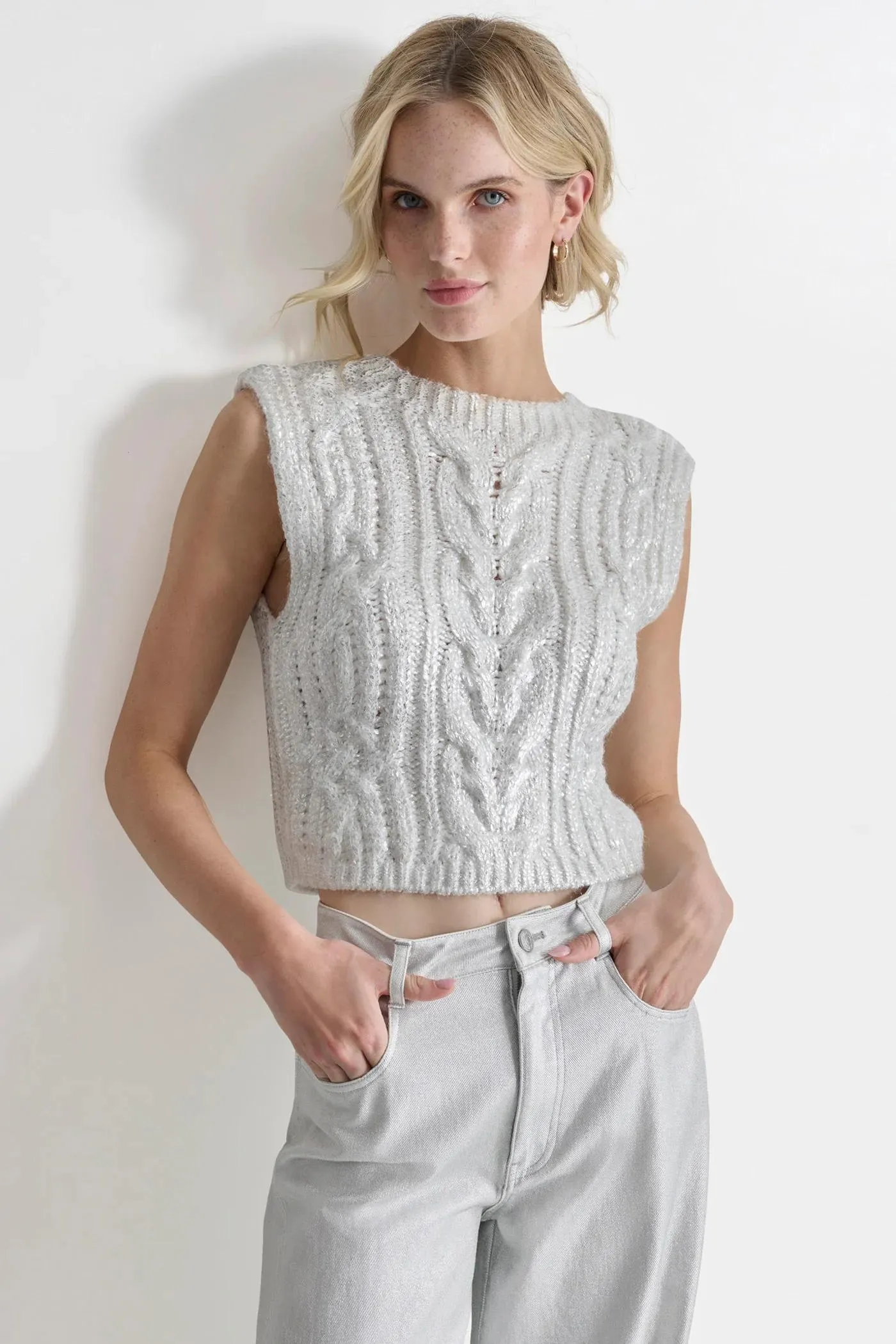 METALLIC CABLE KNIT SWEATER