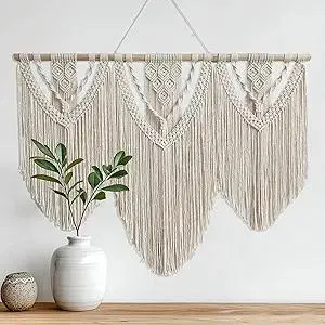 oiikain Large Handmade Boho Macrame Wall Hanging Tapestry - Chic Bohemian Woven Home Decor art for Living Room, Bedroom, and Wedding Parties (Beige, twelve rhombus)