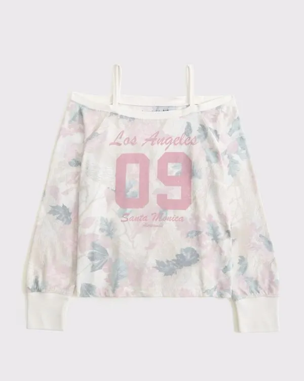 long-sleeve off-the-shoulder graphic tee