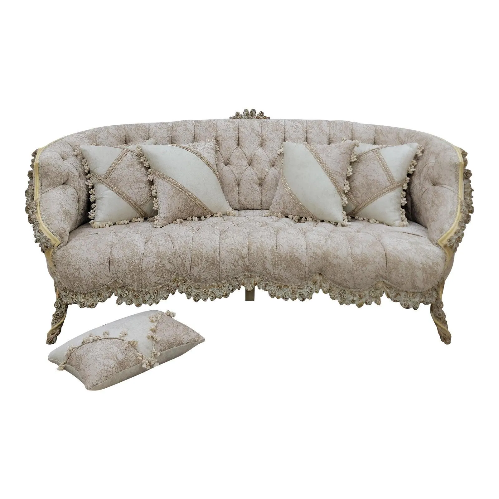Late 19th Century French Provincial Settee, Hand Carved Distressed Finish, Tufted Patterned Beige Velvet.