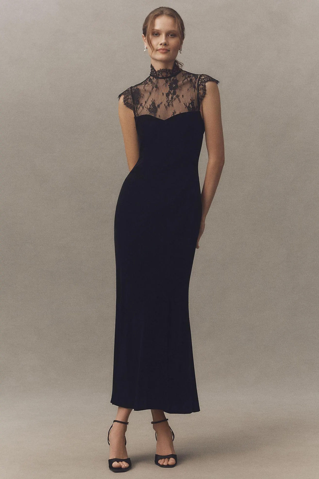 BHLDN Mock-Neck Lace Stretch Velvet Maxi Dress