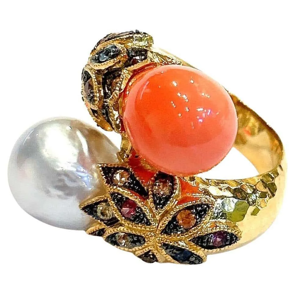 Bochic “Orient” Baroque Pearl & Multi Sapphires Ring Set In 18K Gold & Silver